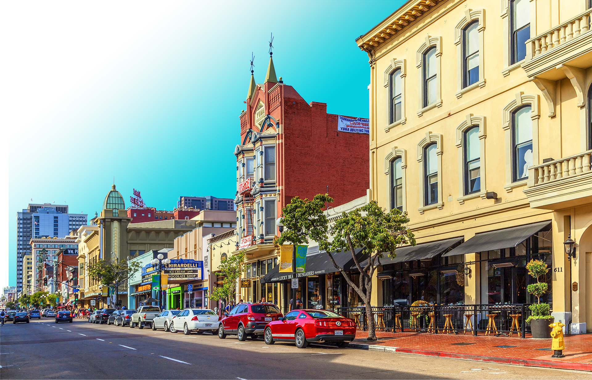 For sale property nearby shops and parked cars